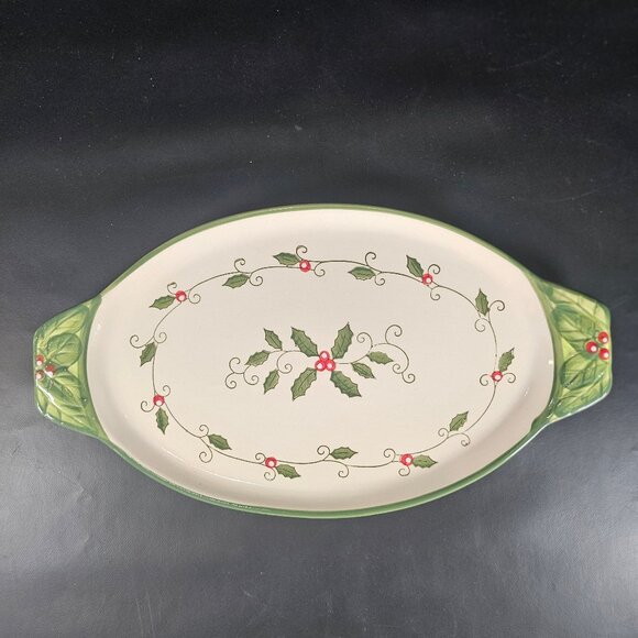 Temp-Tations Holiday Christmas Cardinal Holly Berries Oval Serving Tray/Platter - Picture 1 of 9